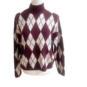 B. Young Women’s Argyle Mock Neck Sweater Alpaca Wool Blend Sz Small Wine Ivory